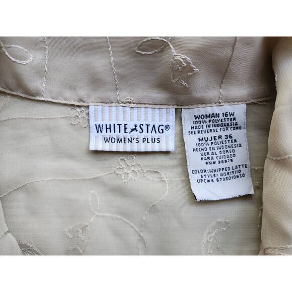 TOP/BLOUSE-WHITE STAG-Tan-Sheer-Button Up-Embroidery-3/4 Sleeves-Size Plus 16 W - Picture 12 of 16